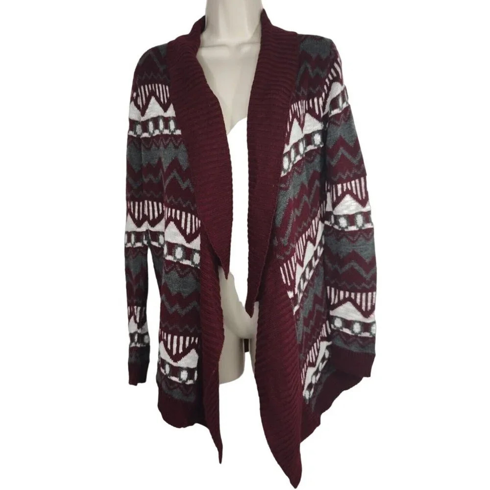 Charlotte Russe Red Grey Open Front Cardigan Sweater Women Size L Long Sleeve